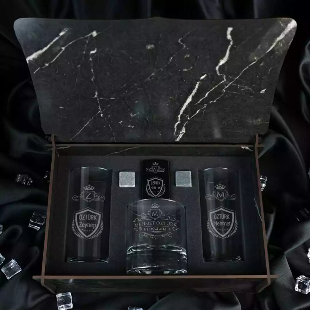 Retro Tasarımlı Kişiye Özel Rakı, Çakmak ve Taşlı Viski Kadehi Seti - Tüm Ürünler
