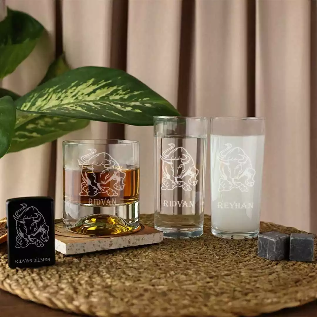 Boğa Figürlü Kişiye Özel Rakı, Çakmak ve Taşlı Viski Kadehi Seti - Tüm Ürünler