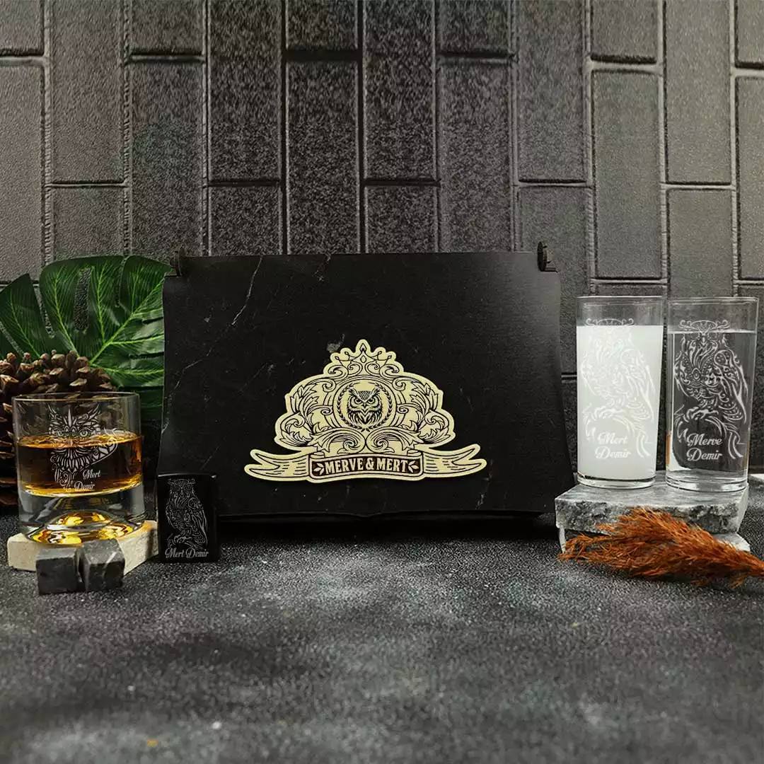 Baykuş Figürlü Kişiye Özel Rakı, Çakmak ve Taşlı Viski Kadehi Seti - Tüm Ürünler